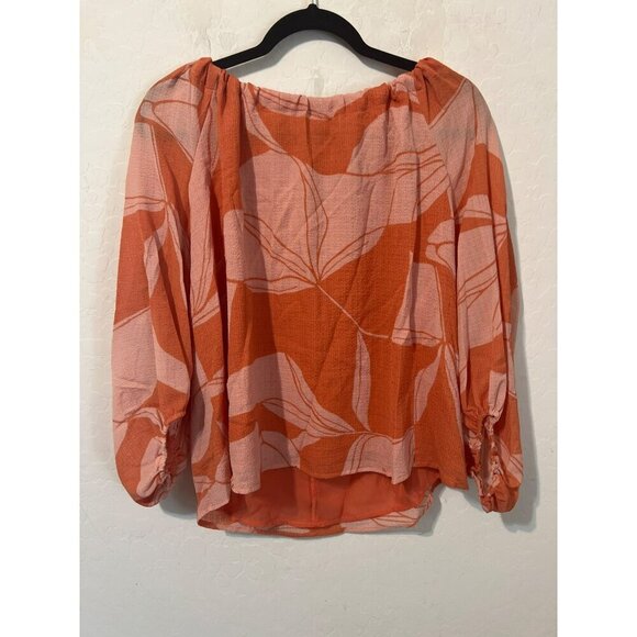 NWT A New Day Sz L Orange Floral Print Balloon Sleeves Lined Tie Back Blouse - Picture 2 of 9